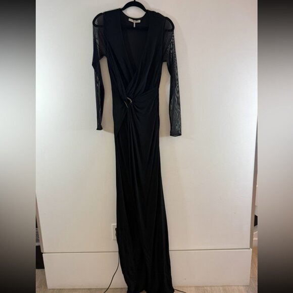 HALSTON HERITAGE Black Sheer Sleeve Ruch Wrap Elegant Gala Evening Maxi Dress - Picture 4 of 11